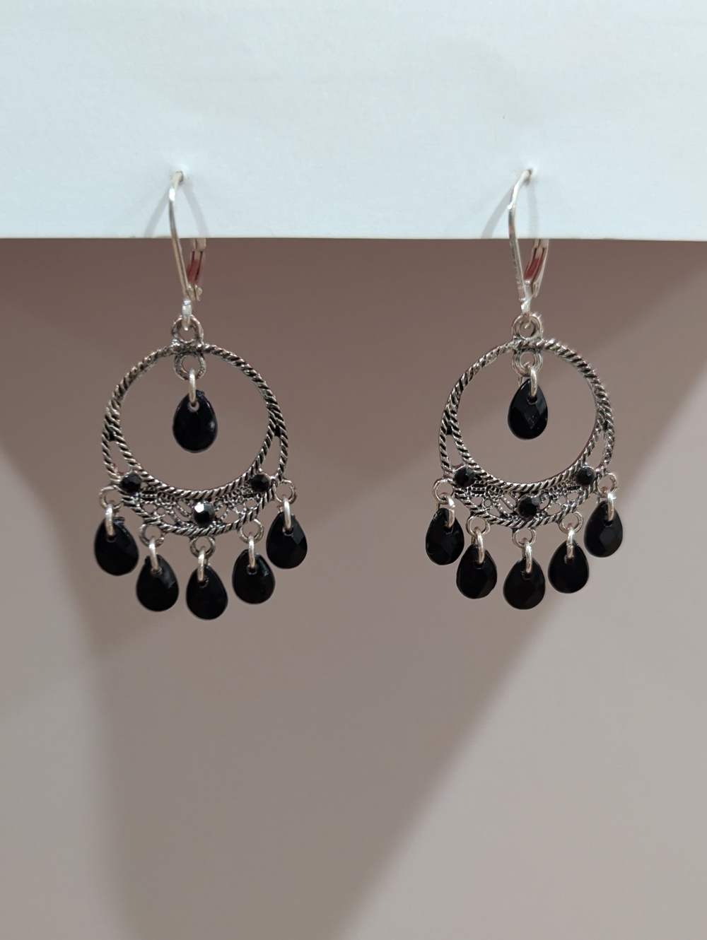 Silver Hoop Earrings with Black Teardrop Dangles